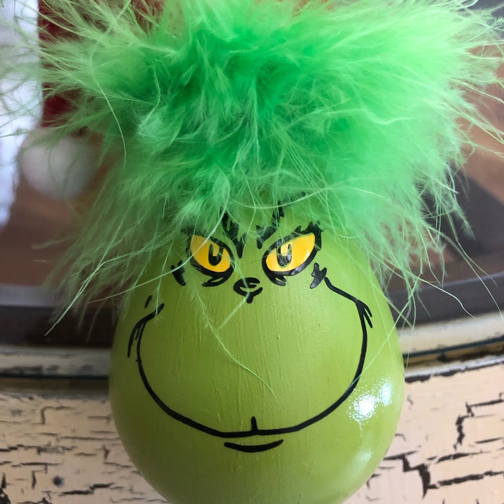 Handmade grinch ornament with Santa hat